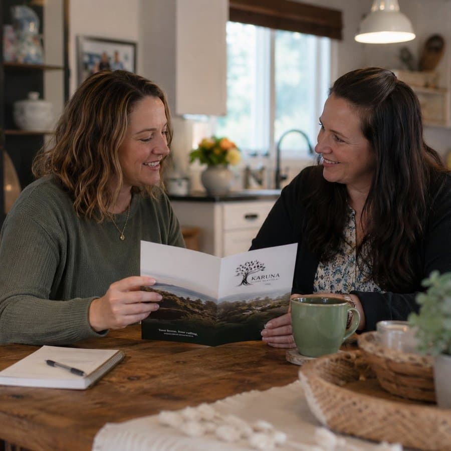 A host home provider and the person they support, talking in a sunlit kitchen
