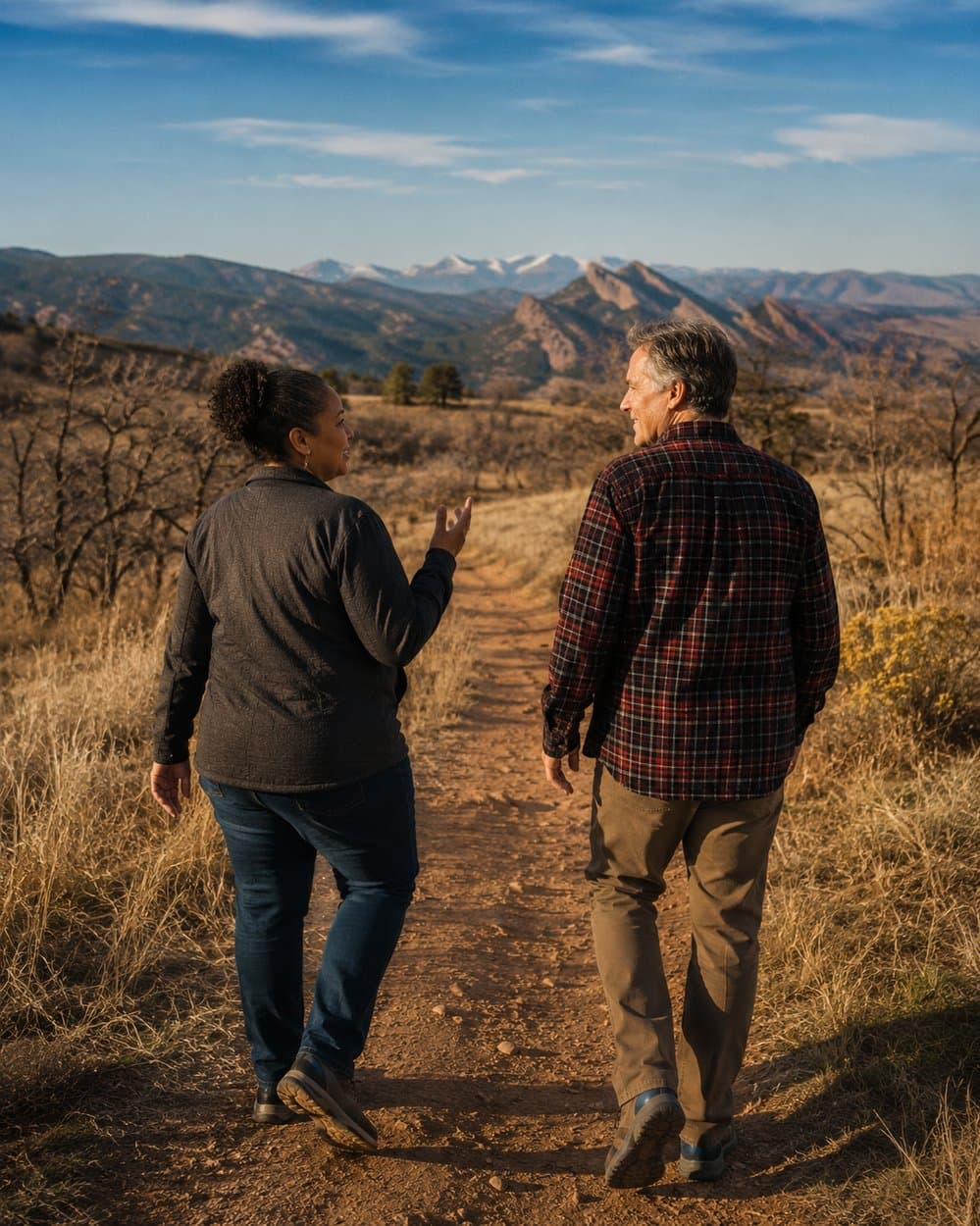 A provider and a Karuna team member walking together near the foothills