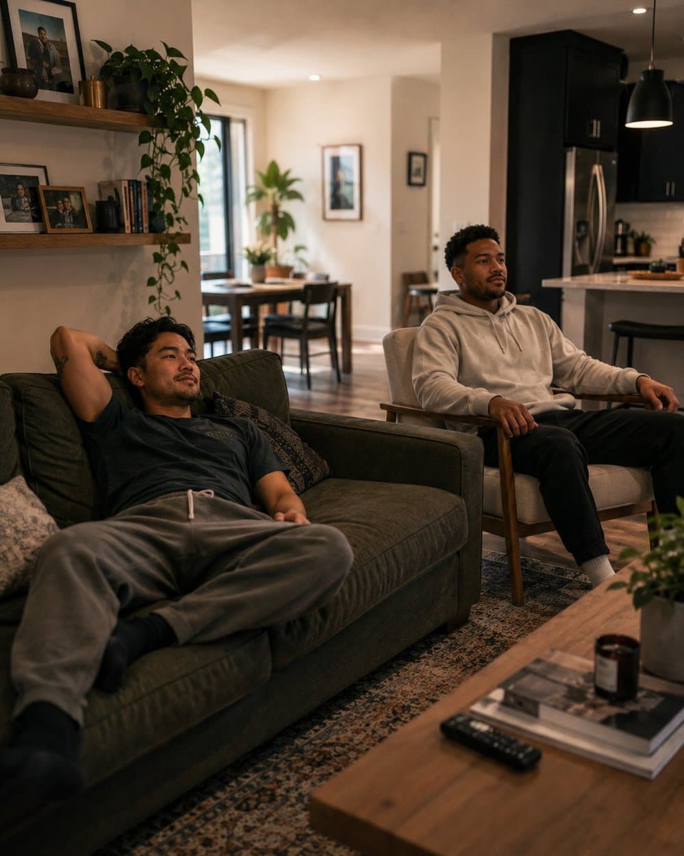 The shared living room of a host home, lived-in and warm